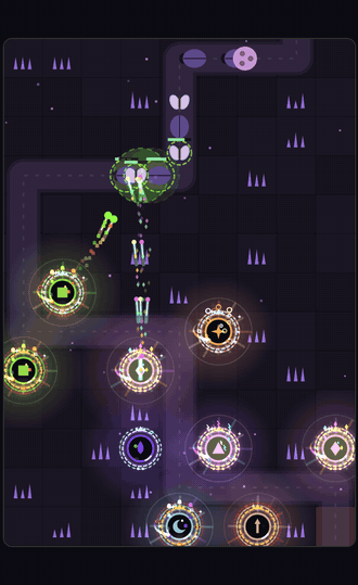 A wave in Glimmer Caves: ascended lanterns firing at moths, beetles and shellbacks
