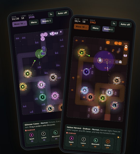 Lanternfall running on two phones: a wave in Glimmer Caves and the Hollow Harvest event