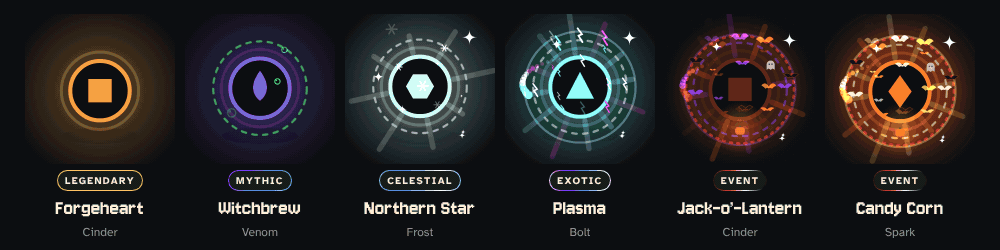 Skins from Legendary to Exotic and Event, animating